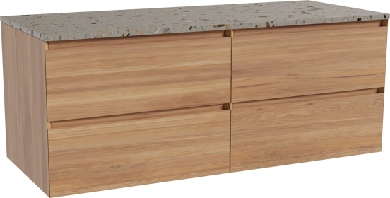 Balmani Mitra meuble salle de bains suspendu 135 x 55 cm teck avec Stretto tablette simple ou double en terrazzo greige terrazzo