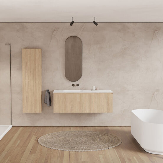 Balmani Fila meuble salle de bains suspendu 135 x 55 cm chêne naturel avec Tablo Arcato plan vasque asymétrique à gauche en solid surface blanc mat, Nervure droite symétrique verticale