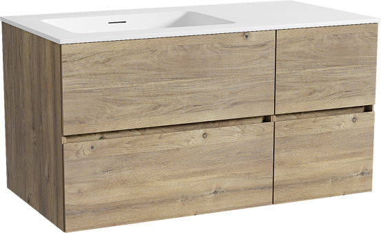 Storke Edge zwevend badmeubel 100 x 52 cm ruw eiken met Mata asymmetrisch linkse wastafel in solid surface mat wit
