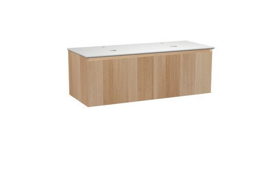 Balmani Idra hängendes Möbelstück Set: 135 x 55 cm, Naturbelassene Eiche, mit Facetta Doppel Waschtischplatte, Solid Surface Weiß matt