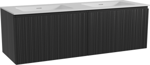 Storke Ribs hängendes Möbelstück Set: 150 x 52 cm, Schwarze Eiche, mit Mata Doppelwaschtisch, Solid Surface, Weiß matt, Vertikale asymmetrische gerade Rippe