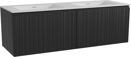 Storke Ribs meuble salle de bains suspendu 150 x 52 cm chêne noir avec Mata double vasque en solid surface blanc mat, Nervure droite asymétrique verticale