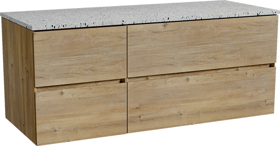 Storke Edge zwevend badkamermeubel 130 x 52 cm ruwe eik met Tavola enkel of dubbel tablet in mat wit/zwart terrazzo