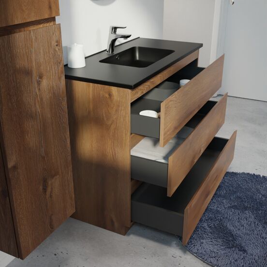 Linie Lado freistehendes Möbelstück Set: 100 x 46 cm, Braune Eiche, mit Vano Einzelwaschtisch, Marmorkomposit Schwarz matt