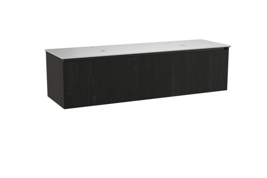 Balmani Fila zwevend badkamermeubel 180 x 55 cm zwarte eik met Facetta dubbel tablet in solid surface mat wit, Verticale symmetrische rechte ribbel
