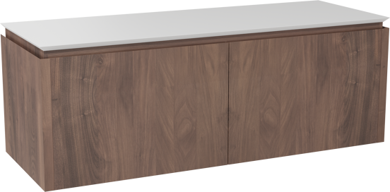 Balmani Eclips meuble salle de bains suspendu 150 x 55 cm Noyer américain avec Eclips tablette simple ou double en Solid Surface blanc mat