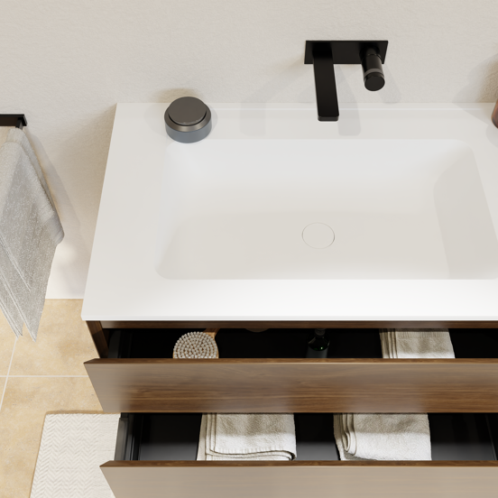 Balmani Mitra meuble salle de bains suspendu 90 x 55 cm noyer américain avec Tablo Strada plan simple en marbre composite blanc mat