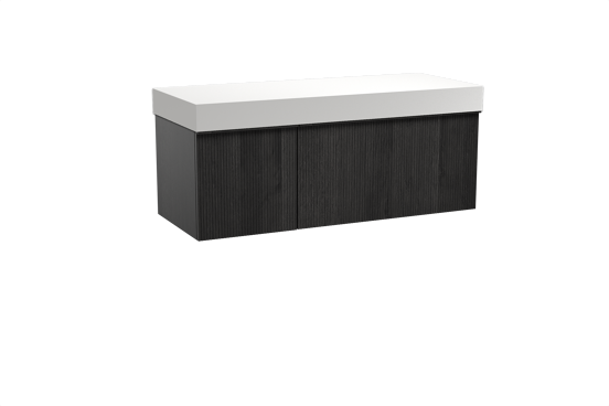 Balmani Forma zwevend badmeubel 135 x 55 cm zwart eiken met Dominus enkel of dubbel wastafelblad in solid surface mat wit, Verticale symmetrische rechte ribbel