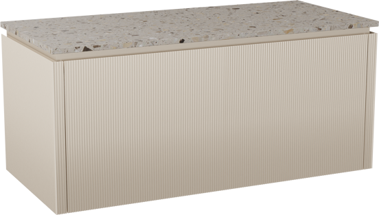 Balmani Eclips meuble salle de bains suspendu 120 x 55 cm Sandbeige avec Stretto tablette simple ou double en Terrazzo greige, Nervure droite symétrique verticale