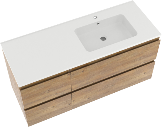 Linie Lado meuble salle de bains suspendu 120 x 46 cm chêne naturel avec Vano plan vasque asymétrique à droite en marbre composite blanc mat