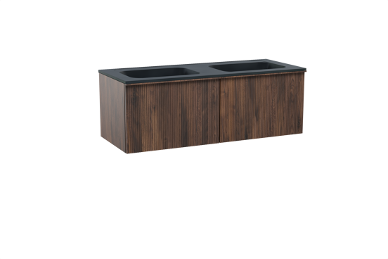 Balmani Forma zwevend badkamermeubel 135 x 55 cm amerikaanse notelaar met Tablo Strada dubbele wastafel in composietmarmer mat zwart, Verticale symmetrische rechte ribbel