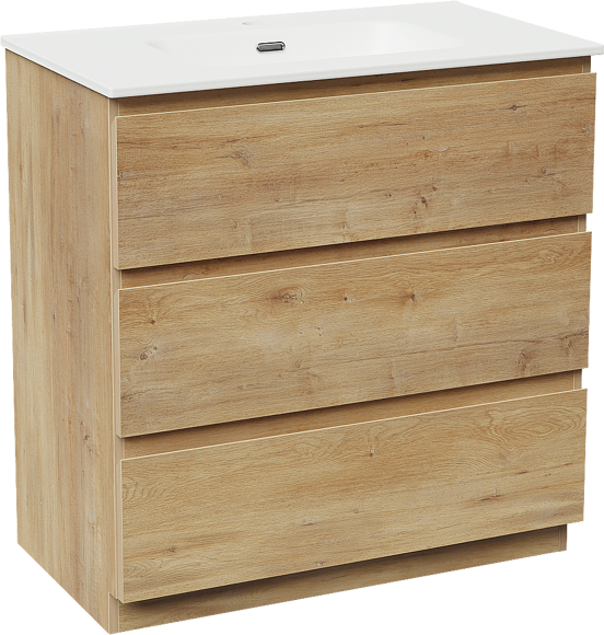 Linie Lado freistehendes Möbelstück Set: 80 x 46 cm, Naturbelassene Eiche, mit Baro Einzelwaschtisch, Porzellan Weiß matt