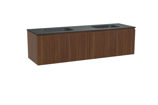 Balmani Sfera hängendes Möbelstück Set: 180 x 55 cm, Amerikanischer Nussbaum, mit Tablo Arcato Doppelwaschtisch, Schwarzes Granit