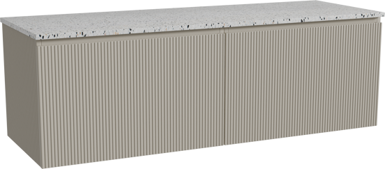 Storke Ribs zwevend badmeubel 150 x 52 cm zijdegrijs met Tavola enkel of dubbel wastafelblad in mat wit/zwart terrazzo, Verticale symmetrische rechte ribbel