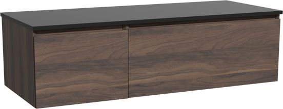 Storke Edge zwevend badmeubel 130 x 52 cm notenhout met Panton enkel of dubbel wastafelblad in gepoedercoate mdf mat zwart