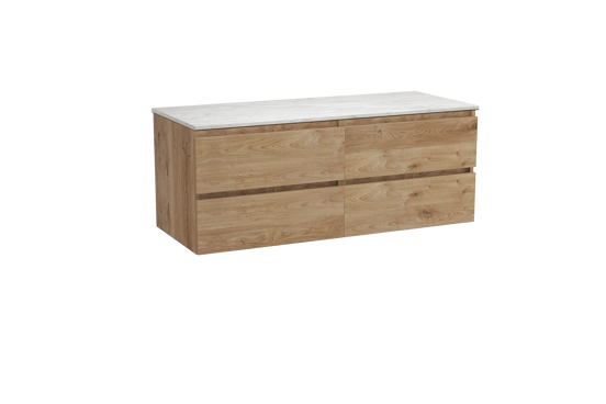 Balmani Lucida zwevend badkamermeubel 135 x 55 cm ruwe eik met Stretto enkel of dubbel tablet in marmer carrara