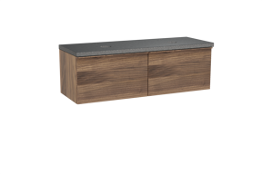 Balmani Forma hängendes Möbelstück Set: 150 x 55 cm, Amerikanischer Nussbaum, mit Rock Doppel Waschtischplatte, Granit, Schwarzes Granit, Horizontale symmetrische gerade Rippe