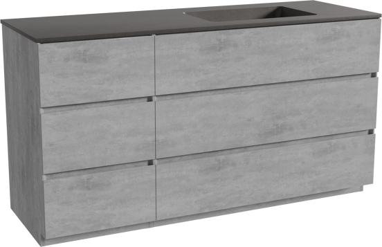 Storke Edge staand badmeubel 150 x 52 cm beton donkergrijs met Scuro asymmetrisch rechtse wastafel in kwarts mat zwart