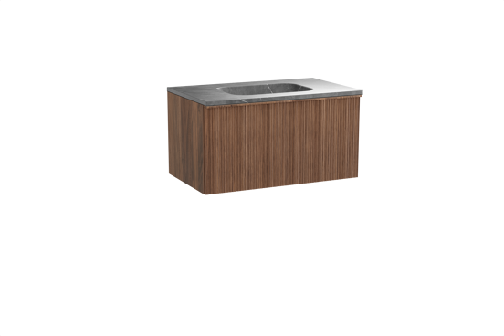 Balmani Forma hängendes Möbelstück Set: 90 x 55 cm, Amerikanischer Nussbaum, mit Tablo Arcato Einzelwaschtisch, Marmor, Pietra Grey, Vertikale asymmetrische Runde Rippe