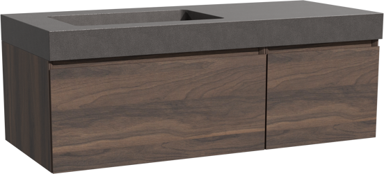Storke Edge meuble salle de bains suspendu 120 x 52 cm noyer avec Scuro High vasque asymétrique gauche en quartz noir mat