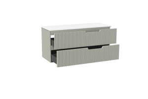 Linie Ribbo meuble salle de bains suspendu 120 x 46 cm greige avec Lado tablette double en marbre composite blanc mat, Nervure circulaire symétrique verticale