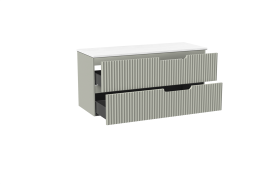 Linie Ribbo meuble salle de bains suspendu 120 x 46 cm greige avec Lado tablette double en marbre composite blanc mat, Nervure circulaire symétrique verticale
