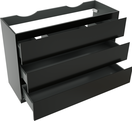 Linie Lado stehender Waschbeckenunterschrank: 120 x 46 cm, Schwarz matt, 3 Schubladen, 2 Siphonaussparungen