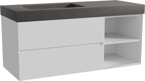 Storke Edge meuble salle de bains suspendu 130 x 52 cm blanc mat avec Scuro High plan vasque asymétrique à gauche en quartz noir mat