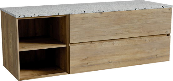 Storke Edge zwevend badmeubel 150 x 52 cm ruw eiken met Tavola enkel of dubbel wastafelblad in mat wit/zwart terrazzo