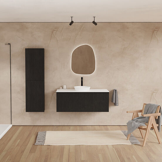 Balmani Fila hängendes Möbelstück Set: 120 x 55 cm, Schwarze Eiche, mit Stretto Einzel- oder Doppel Waschtischplatte, Solid Surface, Weiß matt, Vertikale symmetrische gerade Rippe
