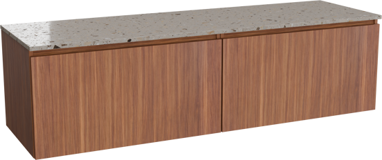Balmani Sfera hängendes Möbelstück Set: 180 x 55 cm, Amerikanischer Nussbaum, mit Stretto Einzel- oder Doppel Waschtischplatte, Terrazzo in Greige