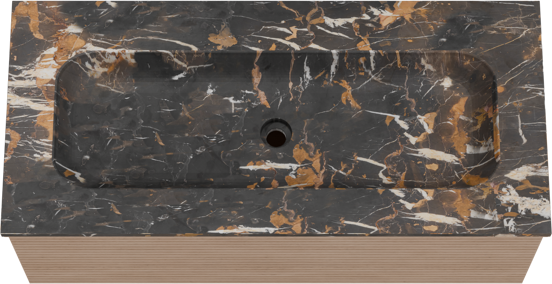 Balmani Forma zwevend badkamermeubel 120 x 55 cm natuur eik met Tablo Arcato enkele wastafel voor 2 kraangaten in marmer portoro gold, Horizontale symmetrische rechte ribbel