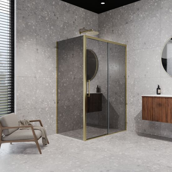 Balmani Senses Design douche en coin avec porte coulissante à droite et paroi latérale fixe, 140 x 100 cm, Miroir Reflex, Profil Brushed Champagne Gold