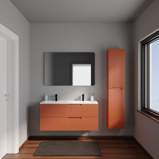 Linie Ribbo meuble salle de bains suspendu 120 x 46 cm cotto avec Vano double vasque en marbre composite blanc mat, Nervure circulaire symétrique verticale