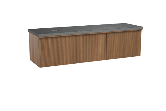 Balmani Forma zwevend badkamermeubel 180 x 55 cm teak met Rock dubbel tablet in graniet zwart, Verticale symmetrische rechte ribbel