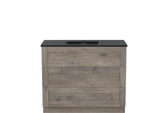 Linie Classo freistehendes Möbelstück Set: 100 x 46 cm, Graue Eiche, mit Baro Einzelwaschtisch, Porzellan Schwarz matt