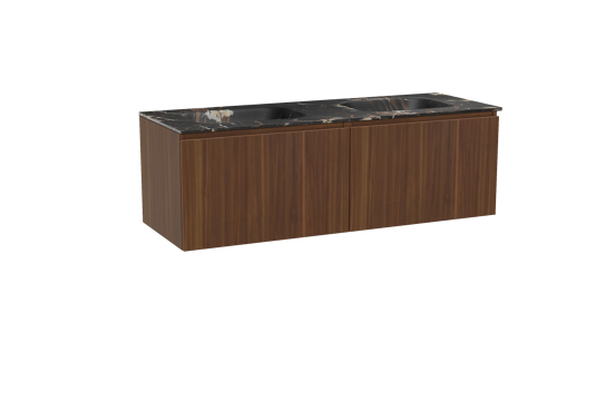 Balmani Sfera hängendes Möbelstück Set: 150 x 55 cm, Amerikanischer Nussbaum, mit Tablo Arcato Doppelwaschtisch, Marmor Portoro Gold
