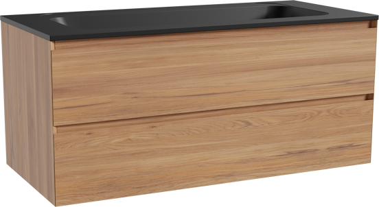Balmani Mitra zwevend badkamermeubel 120 x 55 cm teak met Tablo Strada enkele wastafel voor 2 kraangaten in composietmarmer mat zwart