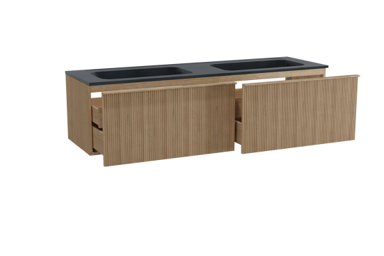 Balmani Forma meuble salle de bains suspendu 180 x 55 cm chêne naturel avec Tablo Strada double vasque en marbre composite noir mat, Nervure droite symétrique verticale