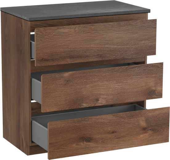 Linie Lado staand badkamermeubel 80 x 46 cm bruine eik met Lado enkel tablet in melamine leisteen grijs