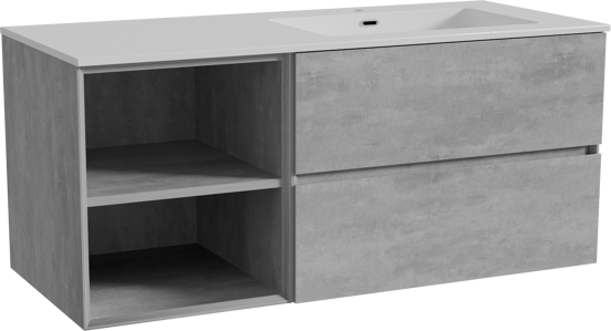 Storke Edge meuble salle de bains suspendu 120 x 52 cm béton gris foncé avec Diva plan vasque asymétrique à droite en marbre composite blanc brillant