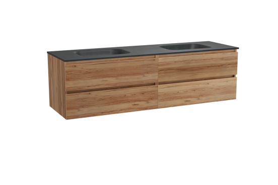 Balmani Lucida zwevend badkamermeubel 180 x 55 cm teak met Tablo Arcato dubbele wastafel in graniet zwart