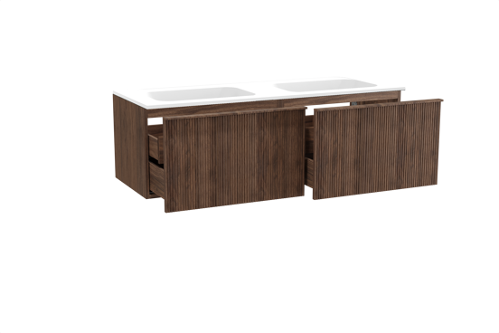 Balmani Forma zwevend badkamermeubel 150 x 55 cm amerikaanse notelaar met Tablo Strada dubbele wastafel in composietmarmer mat wit, Verticale symmetrische rechte ribbel