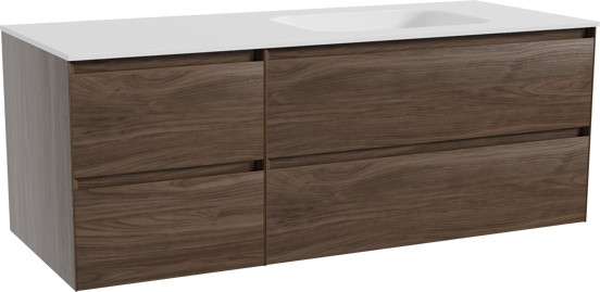 Balmani Mitra meuble salle de bains suspendu 135 x 55 cm noyer américain avec Tablo Arcato vasque asymétrique droite en solid surface blanc mat