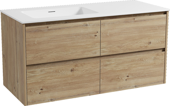 Storke Seda zwevend badkamermeubel 120 x 52 cm ruwe eik met Mata asymmetrisch linkse wastafel in solid surface mat wit