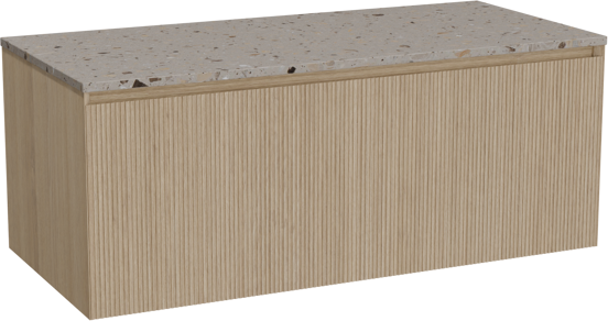 Balmani Fila zwevend badkamermeubel 120 x 55 cm natuur eik met Stretto enkel of dubbel tablet in terrazzo greige terrazzo, Verticale symmetrische rechte ribbel