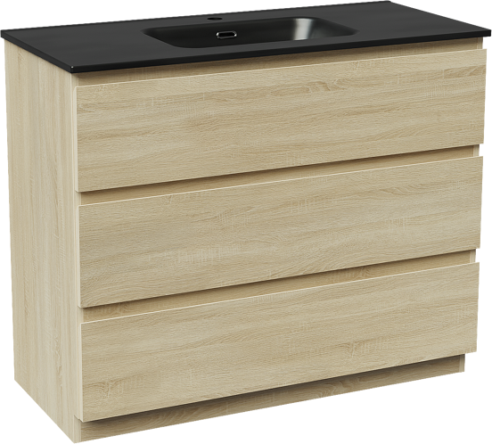 Linie Lado staand badmeubel 100 x 46 cm wit eiken met Baro enkele wastafel in porselein mat zwart