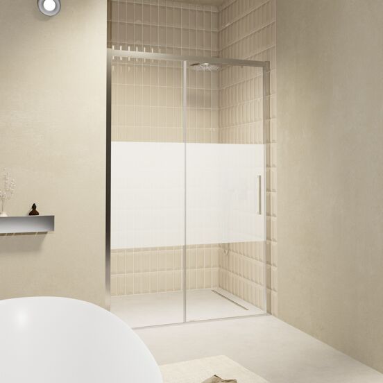 Balmani Senses Design porte coulissante à gauche 120 cm x 210 cm verre transparent avec bande matte, Profil chrome
