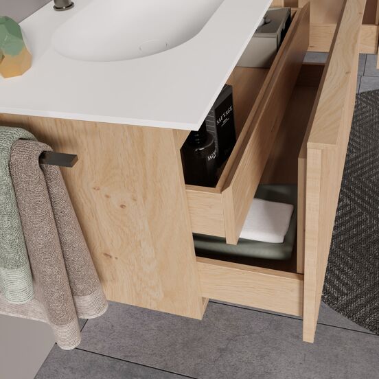 Balmani Forma zwevend badkamermeubel 150 x 55 cm natuur eik met Tablo Oval dubbele wastafel in solid surface mat wit, Verticale symmetrische rechte ribbel