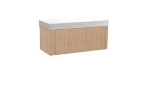 Balmani Fila zwevend badkamermeubel 120 x 55 cm natuur eik met Dominus enkel of dubbel tablet in solid surface mat wit, Verticale symmetrische rechte ribbel
